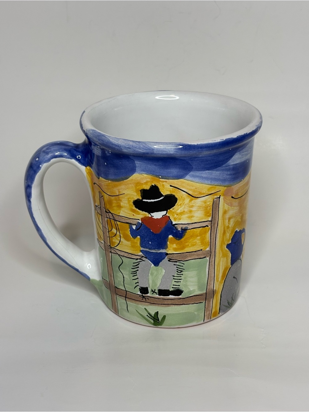 Vintage Starbucks Coffee Mug Hand Painted Hungary Cowboy Western Ranch Signed